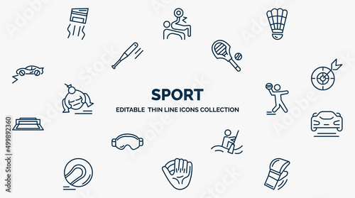 concept of sport web icons in outline style. thin line icons such as drifting, shuttlecock, lacrosse, dart board, dodgeball, formula racing, canoe sport, baseball glove, mixed martial arts vector.