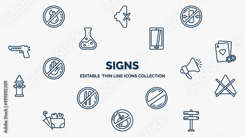 concept of signs web icons in outline style. thin line icons such as no water, no packing, smarthphone, gambling, shout, no bleaching, prohibition, animals, roads vector.