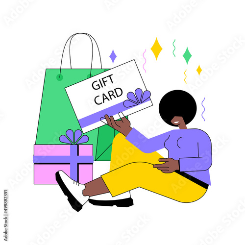 Gift card abstract concept vector illustration. Shopping card, electronic prepaid voucher, e-commerce program, choose value, buy present online, brand gift certificate abstract metaphor.