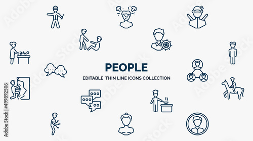 concept of people web icons in outline style. thin line icons such as policeman standing up, ninja portrait, layer working, vertical, networking connection, man riding a horse, chef cooking, sumo