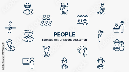 concept of people web icons in outline style. thin line icons such as steal, landkeeper, meeting date, boss and worker, monocular, garderner, woman hair, constructor, farmers vector.