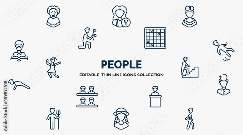 concept of people web icons in outline style. thin line icons such as pierrot, king momo, family board games, slide down, man climbing stairs, rethink, speaker in a conference, festa junina, person