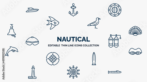 concept of nautical web icons in outline style. thin line icons such as speed boat facing right, submarine window, seagull, big shell, double air tank, swin goggle, one suroard, helm, submarine