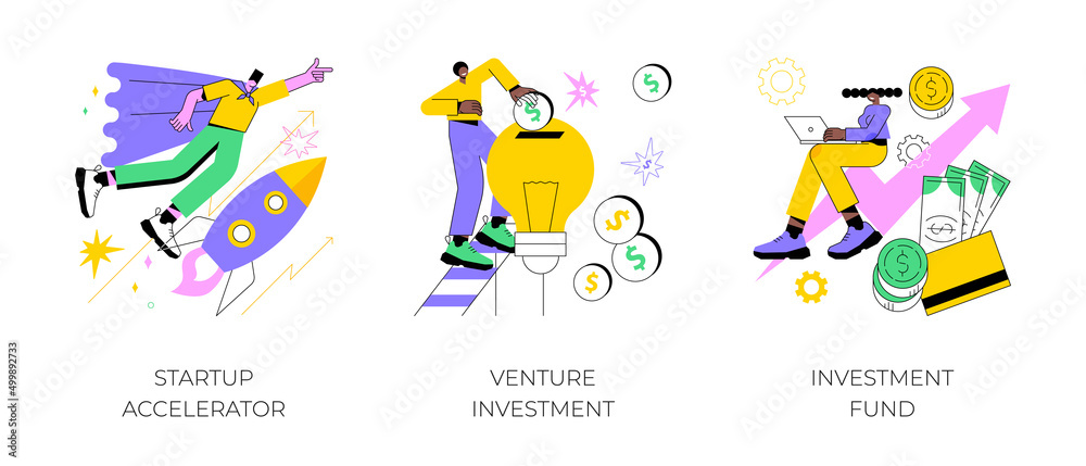 Business incubator abstract concept vector illustration set. Startup accelerator, venture investment fund, startup mentoring, business opportunity, angel investor, entrepreneur abstract metaphor.
