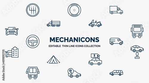 concept of mechanicons web icons in outline style. thin line icons such as driving gear controls, lorry side view, convertible car, public bus, van facing left, garage elevator, car for sale,
