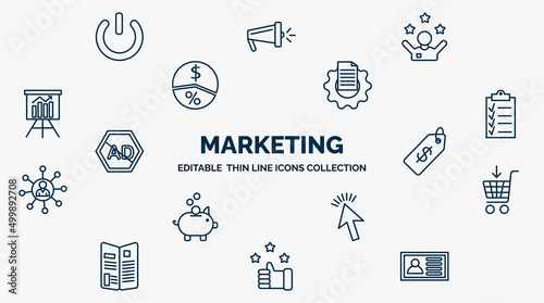 concept of marketing web icons in outline style. thin line icons such as off, motivation, content management, checklist, price, buying, web cursor, appreciation, id vector. photo