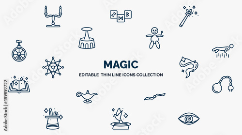 concept of magic web icons in outline style. thin line icons such as candelabra, magic, voodoo doll, levitation, smoke, fetters, handkerchief, pigeon, hypis vector.