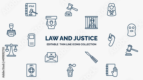 concept of law and justice web icons in outline style. thin line icons such as constitutional law, attorney, guilty, balaclava, corpse, veredict, butterfly knife, witness, law and justice vector.