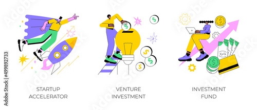 Business incubator abstract concept vector illustration set. Startup accelerator, venture investment fund, startup mentoring, business opportunity, angel investor, entrepreneur abstract metaphor.