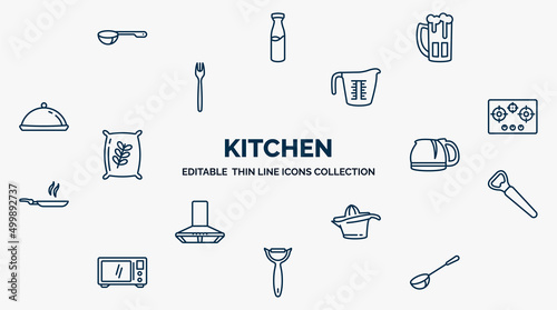 concept of kitchen web icons in outline style. thin line icons such as scoop, beer, measuring cup, stove, coffee pot, bottle opener, squeezer, peeler, ladle vector.
