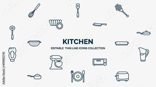 concept of kitchen web icons in outline style. thin line icons such as beater, honey dipper, cleaver, frying pan, tray, pitcher, bun warmer, dinner, toaster vector.