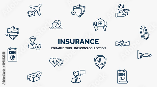 concept of insurance web icons in outline style. thin line icons such as air travel insurance, familiar insurance, real estate coffin, rear end collision, crash, disabled, advice, marriage contract