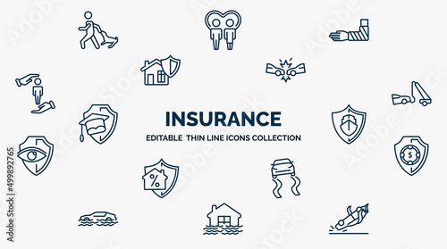 concept of insurance web icons in outline style. thin line icons such as bite, fracture, frontal crash, towed car, ship insurance, deposit insurance, slippery road, flooded house, overturned car