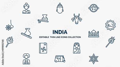 concept of india web icons in outline style. thin line icons such as india mother, malai kofta, indian cow, telugu language, taj mahal, shaivism, , rickshaw, anise vector.