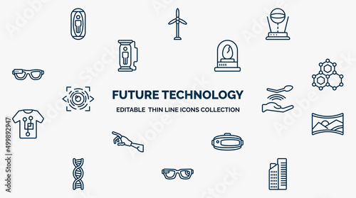 concept of future technology web icons in outline style. thin line icons such as capsule, hologram, egg incubator, nanotechnology, telekinesis, panoramic view, vr glasses, smart glasses, residential