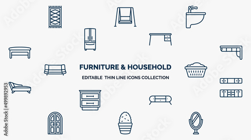 concept of furniture & household web icons in outline style. thin line icons such as rugs, bidet, desk, corner sofa, laundry hamper, cabinet, furniture, cactus, mirror vector.