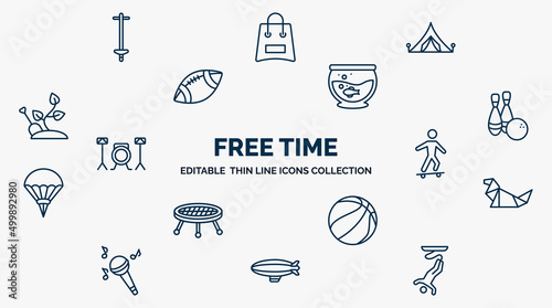 concept of free time web icons in outline style. thin line icons such as pogo stick, camping, fish tank, bowling, skateboarding, origami, sports, airship, bungee jumping vector.