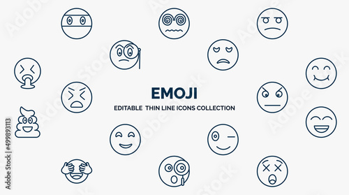 concept of emoji web icons in outline style. thin line icons such as ninja emoji, suspicious emoji, sad smile angry grinning wink curious dizzy vector.