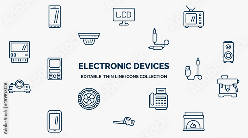 concept of electronic devices web icons in outline style. thin line icons such as phones, television, sound cable, speakers, connector, espresso maker, fax hine, leaf blower, furnace vector.