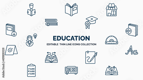 concept of education web icons in outline style. thin line icons such as man reading, book shop, quality education, muted book, semicircle with ruler, handwriten alphabet, calligraphy, digital