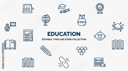 concept of education web icons in outline style. thin line icons such as newton cradle, diploma with seal, lunchbox, planet saturn, kid, reading book, grandstand, binding, school calendar vector.