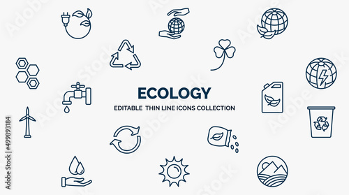 concept of ecology web icons in outline style. thin line icons such as eco plug, ecology, shamrock, eco energy power, biofuel, recycle bin, seeds, sunlight, landscape image vector.