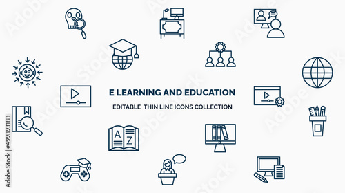 concept of e learning and education web icons in outline style. thin line icons such as paleontology, online coaching, sociology, international, tutorial, pencil box, online library, lecture, photo