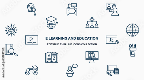 concept of e learning and education web icons in outline style. thin line icons such as paleontology, online coaching, sociology, international, tutorial, pencil box, online library, lecture,