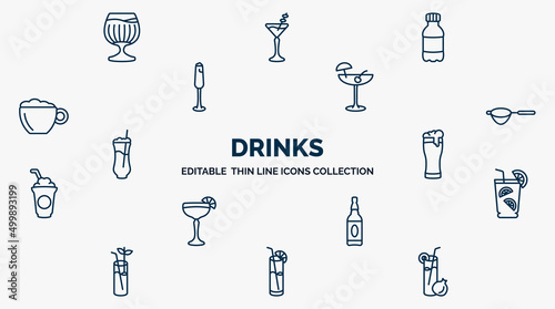 concept of drinks web icons in outline style. thin line icons such as brandy glass, mashing, pink rose, sieve, pint of beer, caipirinha, alcohol, blue lagoon, pomegranate martini vector.
