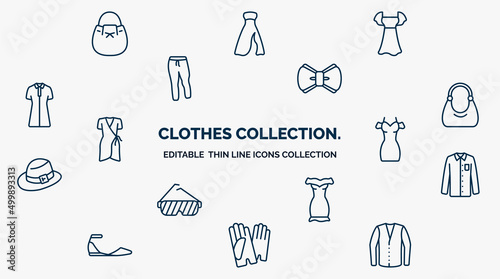 concept of clothes collection. web icons in outline style. thin line icons such as bucket bag, chiffon dress, bow tie, hobo bag, drees, formal shirt, off the shoulder dress, leather gloves, cotton