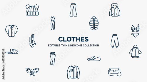 concept of clothes web icons in outline style. thin line icons such as knit hat with pom pom, hooded jacket, padded vest, lingerine, harem pants, nylon jacket, loafer, denim jacket, messenger bag