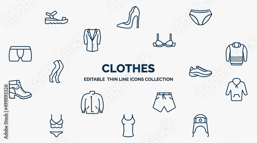 concept of clothes web icons in outline style. thin line icons such as sandals, panties, bra, pullover, sneaker, fleece, swim shorts, tanktop, ushanka vector.