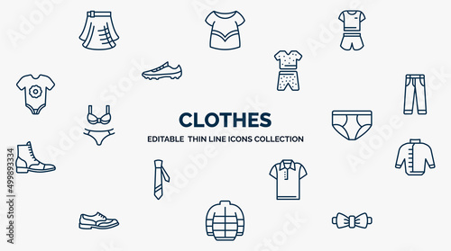 concept of clothes web icons in outline style. thin line icons such as kilt, pijama, pyjamas, jeans, briefs, windbreaker, polo shirt, puffer jacket, butterfly tie vector.