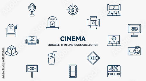 concept of cinema web icons in outline style. thin line icons such as studio mic, movie theater, cinema light source, 3 dimension screen, cinema audience, dslr camera, hd video, camera roll, 4k