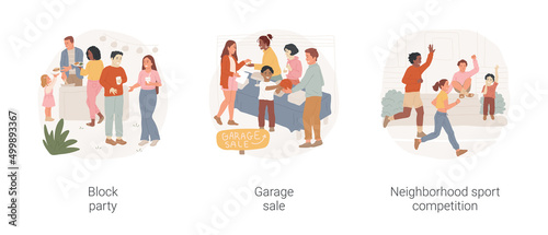 Neighborhood events isolated cartoon vector illustration set. Block party, people queueing for barbecue outdoor, residential area, garage sale, sport competition, urban runners vector cartoon. © Vector Juice