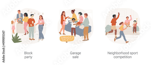 Neighborhood events isolated cartoon vector illustration set. Block party, people queueing for barbecue outdoor, residential area, garage sale, sport competition, urban runners vector cartoon.