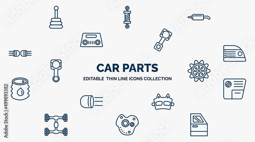 concept of car parts web icons in outline style. thin line icons such as car transmission, car silencer, piston, brake light, sprocket, glove compartment, brake pad, oil pump, trim vector.