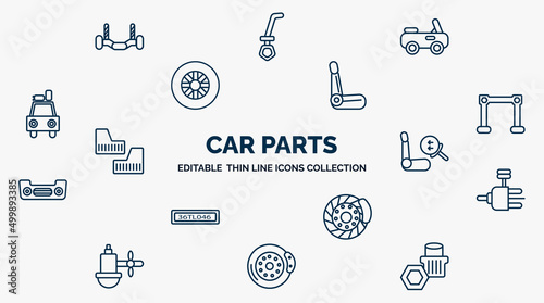 concept of car parts web icons in outline style. thin line icons such as car anti-roll bar, car soft top, bucket seat, torsion bar, air bag, distributor, disc brake, brake, wheel nut vector.