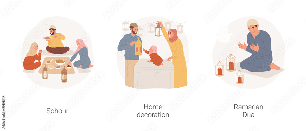 Ramadan isolated cartoon vector illustration set. Islamic festival, family having iftar meal, Sohor celebration, home decoration, Ramadan Dua prayer, holy days in mosque vector cartoon.