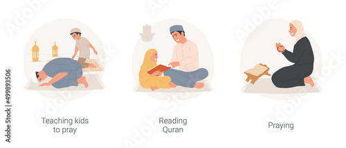 Muslim traditions isolated cartoon vector illustration set. Teaching kid to pray, making Sujud, religious family read Quran together, arabic woman praying to Allah, practice Islam vector cartoon.