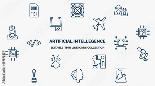 concept of artificial intellegence web icons in outline style. thin line icons such as binary, shopping bag, aeroplane, chip, unsupervised learning, prosthesis, sensorama, cyborg, organ printing