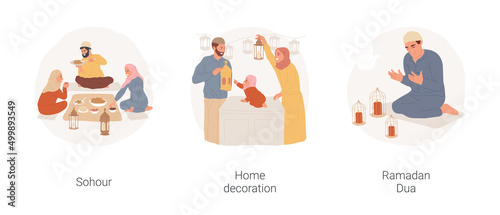 Ramadan isolated cartoon vector illustration set. Islamic festival, family having iftar meal, Sohor celebration, home decoration, Ramadan Dua prayer, holy days in mosque vector cartoon.