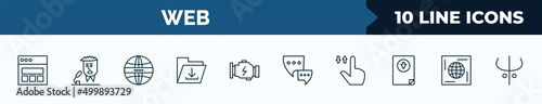 set of 10 web web icons in outline style. thin line icons such as web page variant, newscaster, news, download file, engine, communication tool, tab, world wide on grid vector illustration.