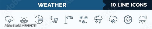 set of 10 weather web icons in outline style. thin line icons such as stormy, sunshine, eclipse, subtropical climate, anemometer, snowing, thunderstorm, light bolt vector illustration.