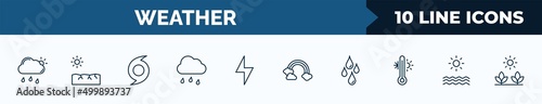set of 10 weather web icons in outline style. thin line icons such as overcast, , hurricane, drizzle, lightning, rainbow, drops, summer vector illustration.