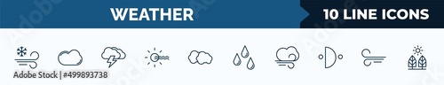 set of 10 weather web icons in outline style. thin line icons such as blizzard, cumulus, thunderbolt, foggy day, altostratus, raindrops, gust, breeze vector illustration.