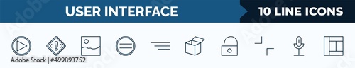 set of 10 user interface web icons in outline style. thin line icons such as play, exclamation button, gallery, pause, side menu, open box, unblocked, mic vector illustration.