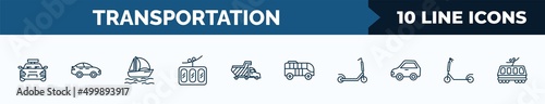 set of 10 transportation web icons in outline style. thin line icons such as sports car, sedan, catamaran, funicular railway, haul, modern bus, kick scooter, micro scooter vector illustration.