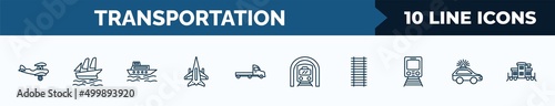 set of 10 transportation web icons in outline style. thin line icons such as crop duster, schooner, ferry boat, military airplane, flatbed lorry, train in a tunnel, railway line, patrol car vector
