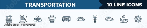set of 10 transportation web icons in outline style. thin line icons such as houseboat, fuel dispenser, tramway, tram front view, double decker bus, automobile, scooter front view, chairlift vector